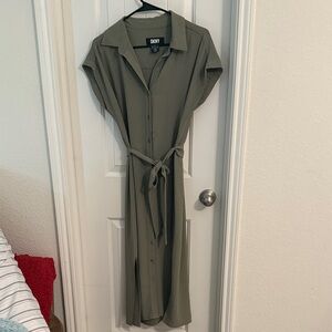 DKNY Sage Green Midi Dress with Tie Waist